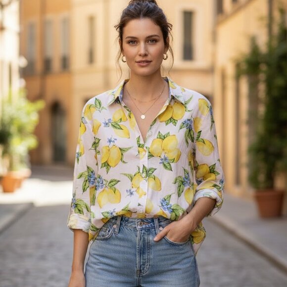 Talbots Button-Up Shirt Blouse Lemon Print Fruits Floral Preppy Resort size L - Picture 3 of 14